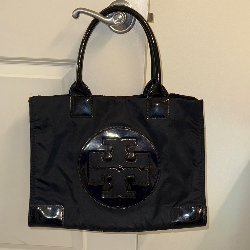 Tory Burch Black Patent-Trim Logo Tote
